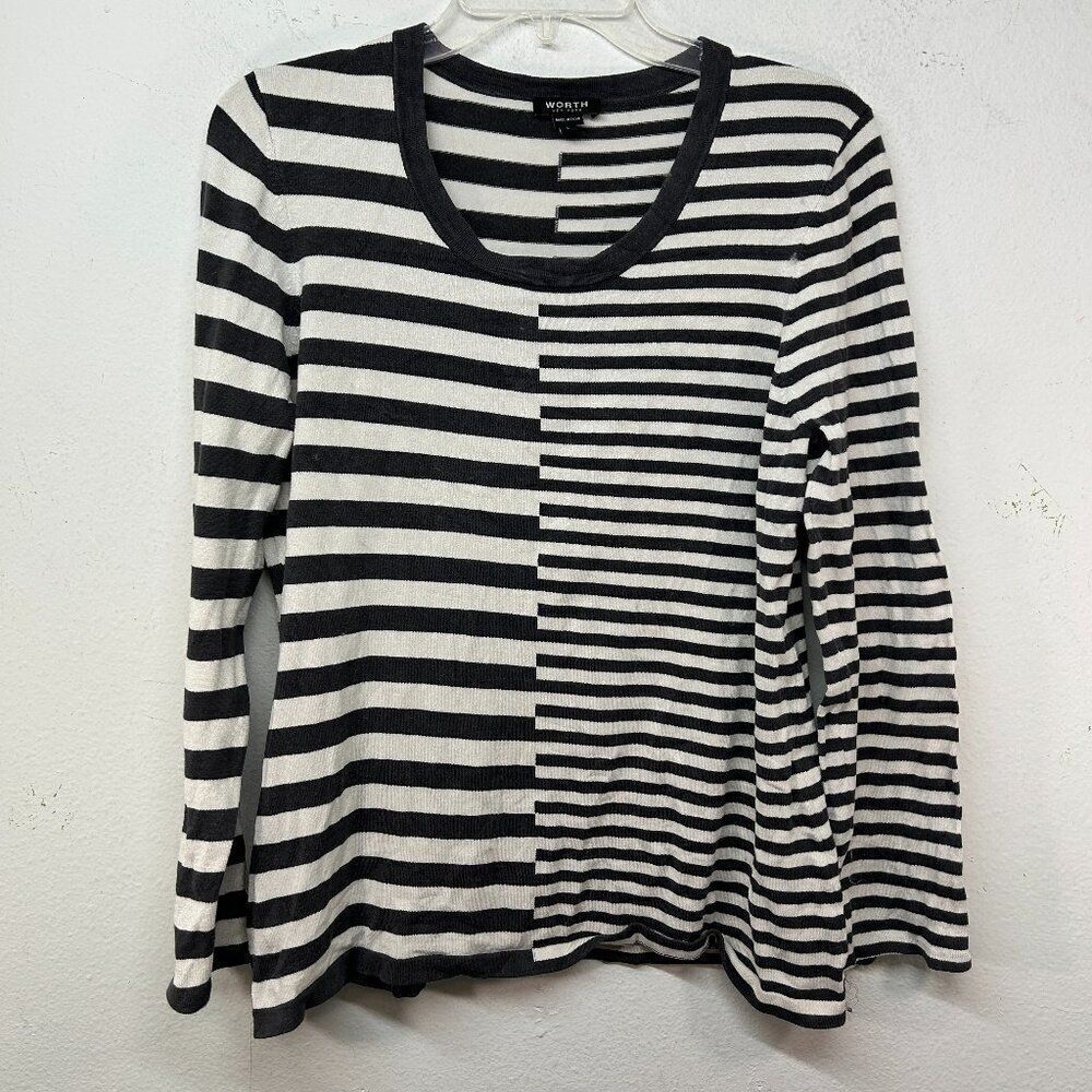 WORTH New York ladies silk knit Sweater large white black stripe capsule minimal